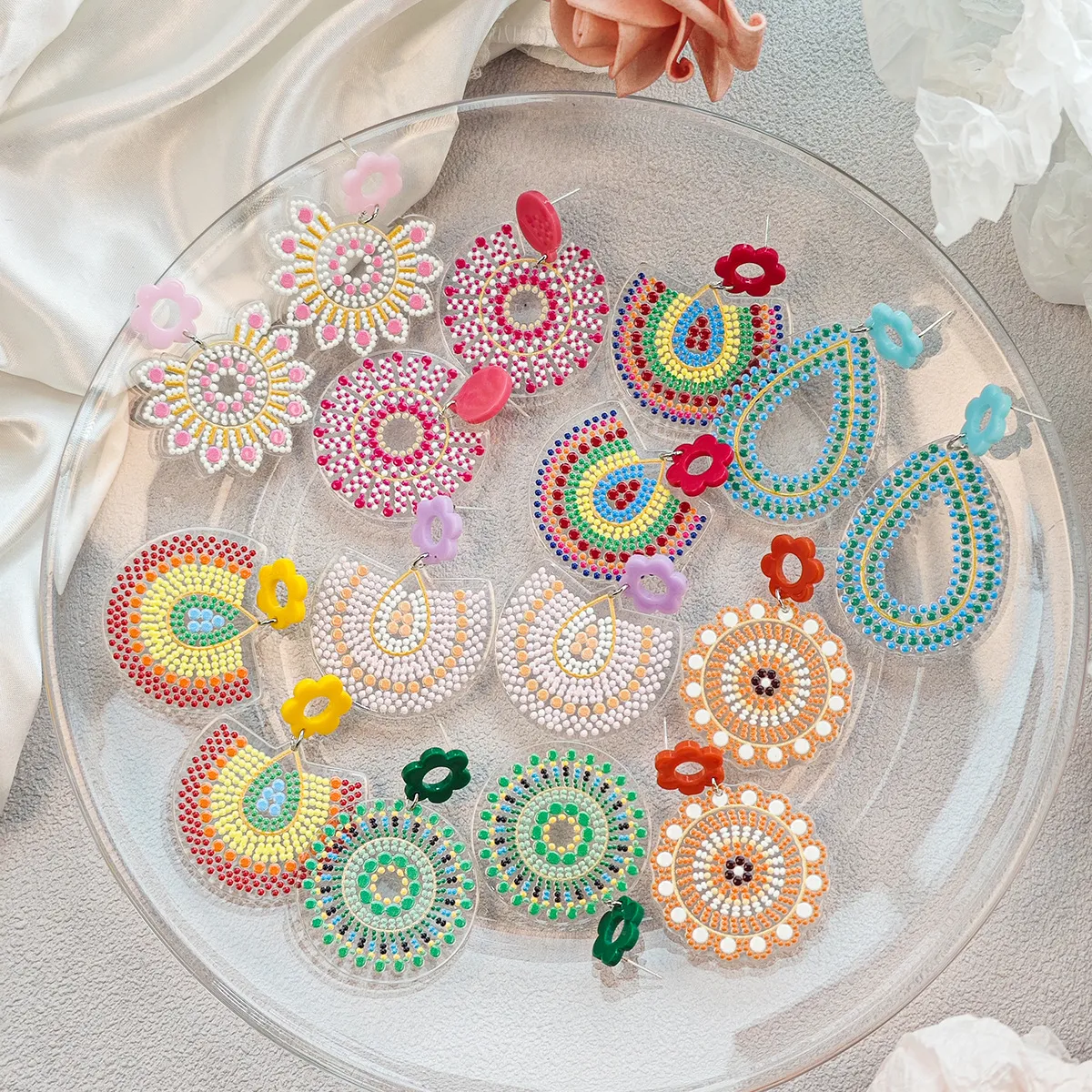 Women Retro Bohemian Colorful Round Polka Dot Floral Acrylic Earrings