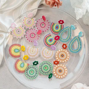 Women Retro Bohemian Colorful Round Polka Dot Floral Acrylic Earrings