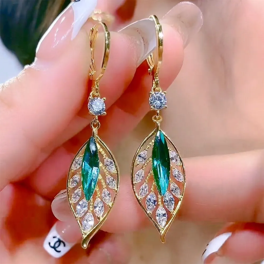 Women Fashion Super Flash Zircon Green Leaves Earrings Alloy