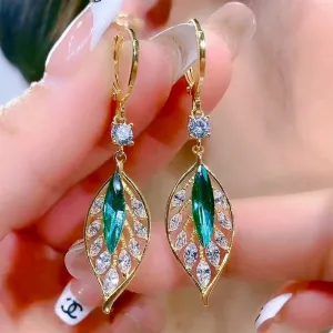 Women Fashion Super Flash Zircon Green Leaves Earrings Alloy