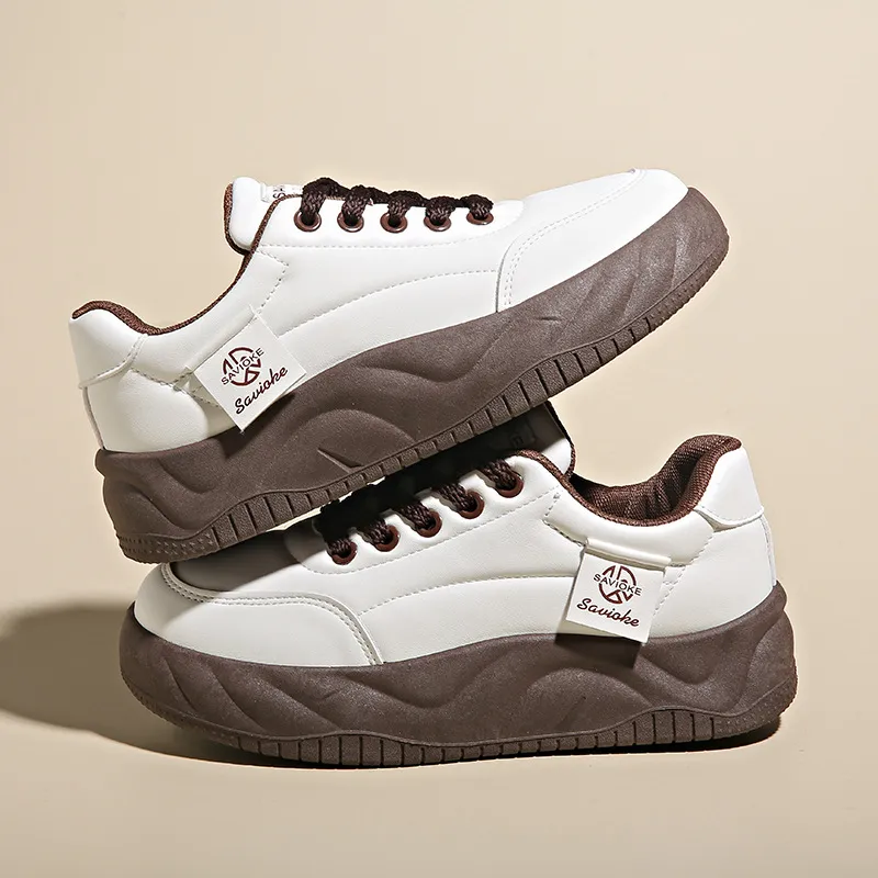 Women Fashion Casual Solid Color Round Toe Lace-Up Thick-Soled Bread Shoes Sneaker