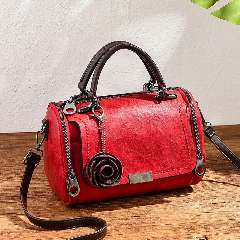 Women Vintage Rose Pendant PU Handbag Crossbody Bag with Zipper