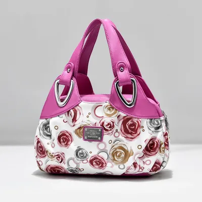 Summer Women Fashion Rose Print Large Capacity Handbag PU Zipper