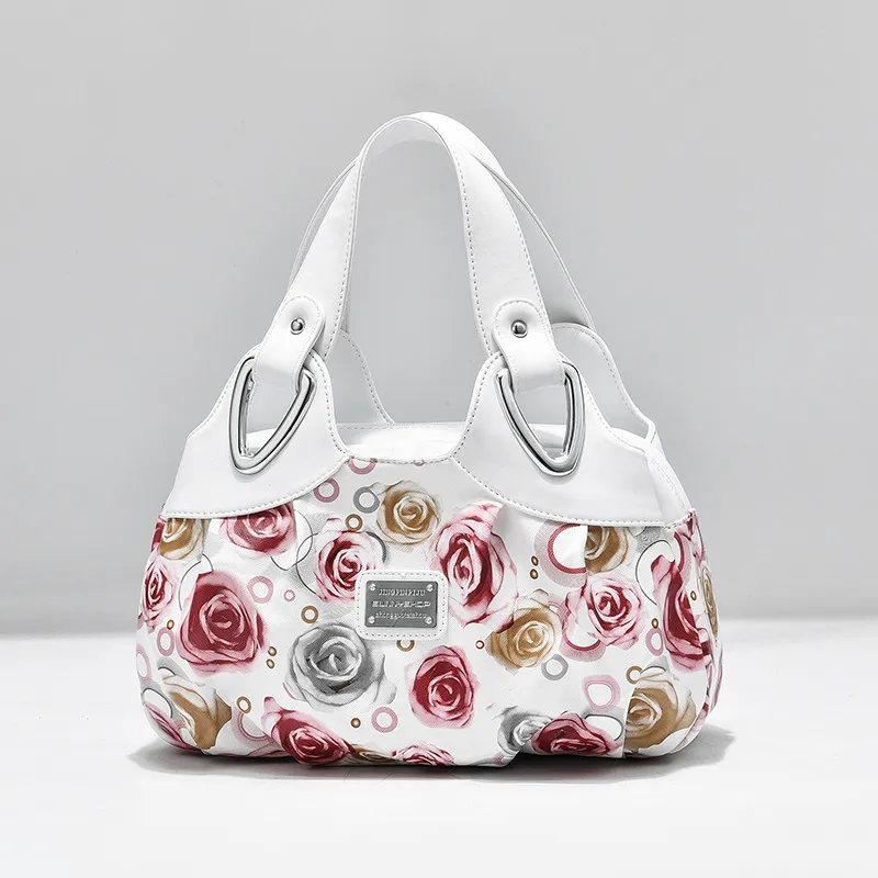 Summer Women Fashion Rose Print Large Capacity Handbag PU Zipper