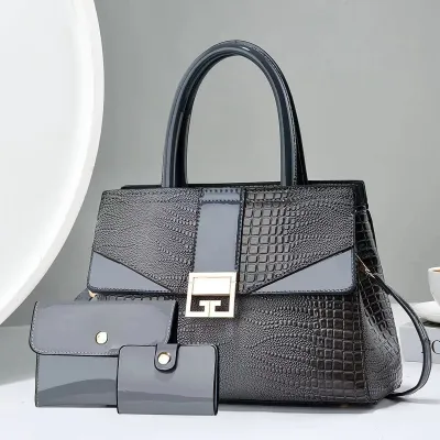 Women Fashion Simple Embossed Bright Leather Three-In-One Handbag Set