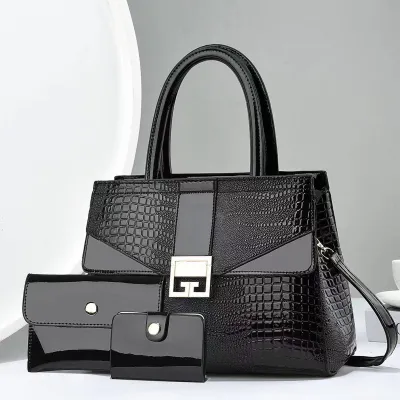 Women Fashion Simple Embossed Bright Leather Three-In-One Handbag Set