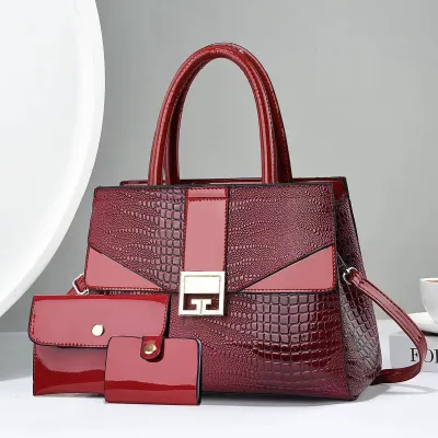 Women Fashion Simple Embossed Bright Leather Three-In-One Handbag Set