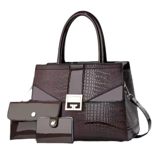 Women Fashion Simple Embossed Bright Leather Three-In-One Handbag Set