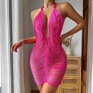 Summer Nightclub Women Fashion Sexy Deep V Halter Neck Backless Tassel Line Mini Dress