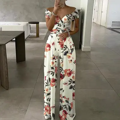 Women Fashion Sexy Off Shoulder Floral Stripe Printed High Waist Jumpsuits