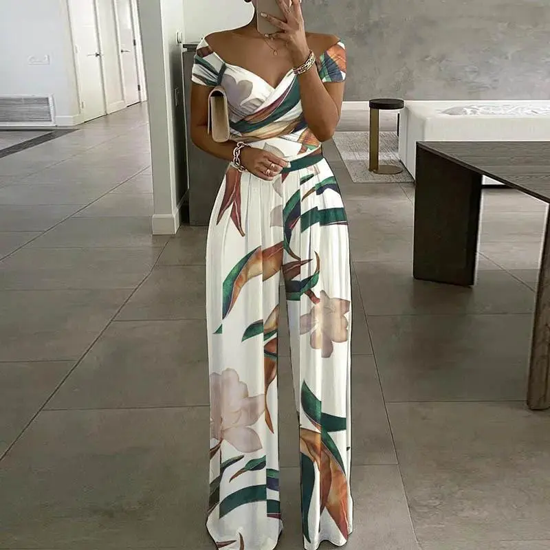 Women Fashion Sexy Off Shoulder Floral Stripe Printed High Waist Jumpsuits