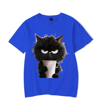 Summer Women Cartoon Fun Cat Print Round Neck Short Sleeve T-Shirt