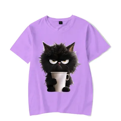 Summer Women Cartoon Fun Cat Print Round Neck Short Sleeve T-Shirt