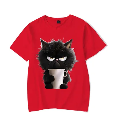 Summer Women Cartoon Fun Cat Print Round Neck Short Sleeve T-Shirt