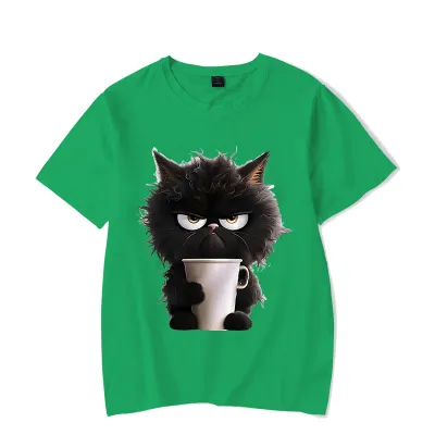 Summer Women Cartoon Fun Cat Print Round Neck Short Sleeve T-Shirt