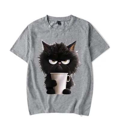Summer Women Cartoon Fun Cat Print Round Neck Short Sleeve T-Shirt