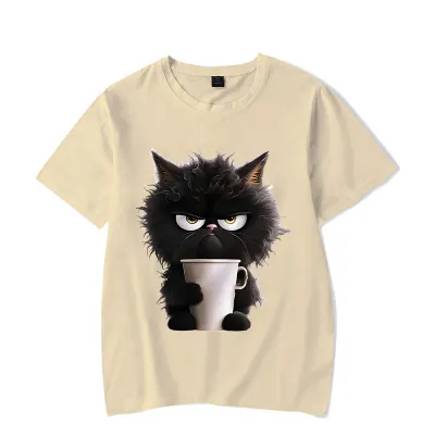 Summer Women Cartoon Fun Cat Print Round Neck Short Sleeve T-Shirt
