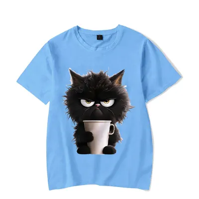 Summer Women Cartoon Fun Cat Print Round Neck Short Sleeve T-Shirt