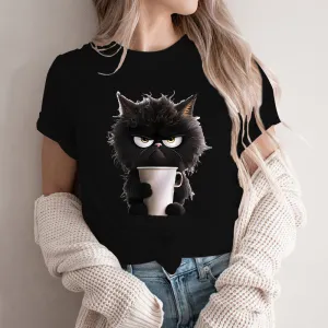 Summer Women Cartoon Fun Cat Print Round Neck Short Sleeve T-Shirt