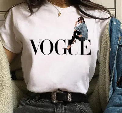 Women Cartoon City Girl Letter Print Crewneck Short Sleeve T-Shirt