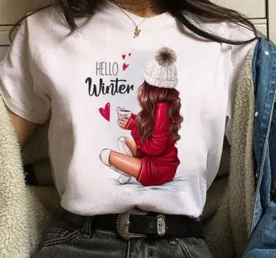 Women Cartoon City Girl Letter Print Crewneck Short Sleeve T-Shirt