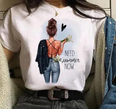 Women Cartoon City Girl Letter Print Crewneck Short Sleeve T-Shirt