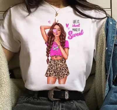 Women Cartoon City Girl Letter Print Crewneck Short Sleeve T-Shirt