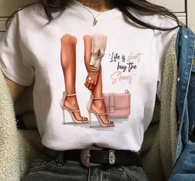 Women Cartoon City Girl Letter Print Crewneck Short Sleeve T-Shirt