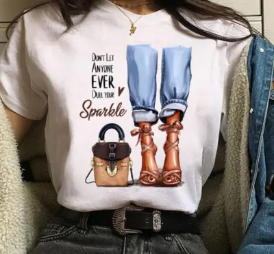 Women Cartoon City Girl Letter Print Crewneck Short Sleeve T-Shirt