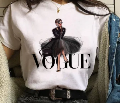 Women Cartoon City Girl Letter Print Crewneck Short Sleeve T-Shirt