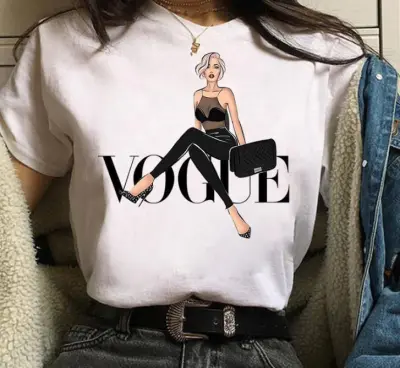 Women Cartoon City Girl Letter Print Crewneck Short Sleeve T-Shirt