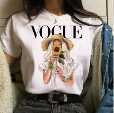 Women Cartoon City Girl Letter Print Crewneck Short Sleeve T-Shirt