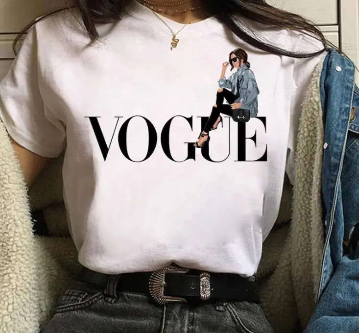 Women Cartoon City Girl Letter Print Crewneck Short Sleeve T-Shirt