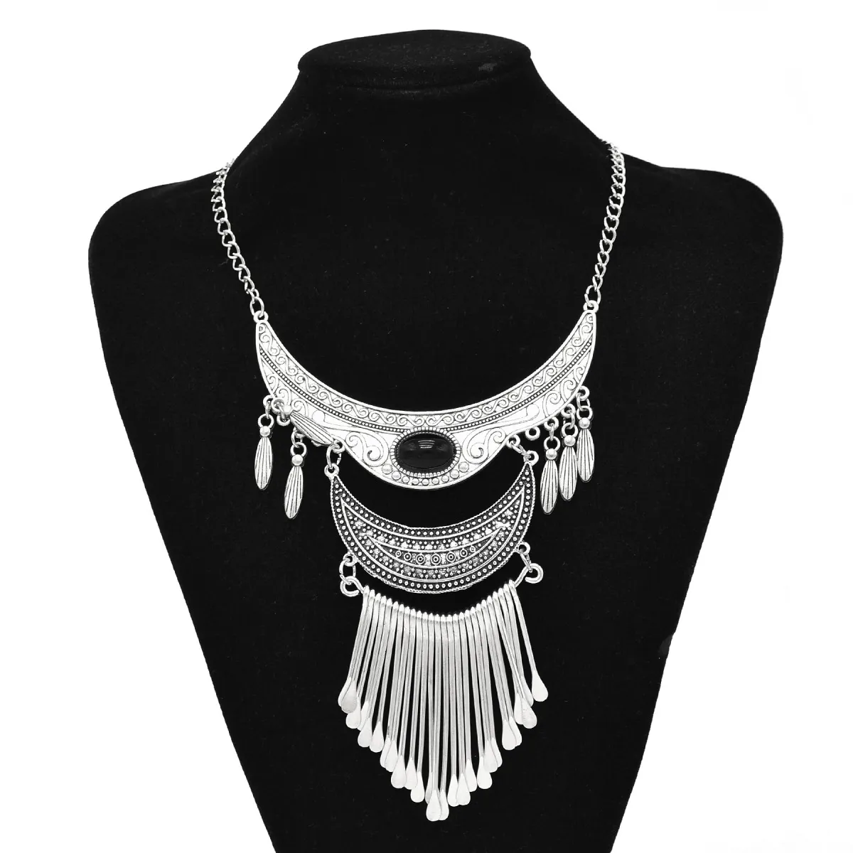 Women Vintage Ethnic-Style Water Drops Tassel Alloy Necklace Jewelry