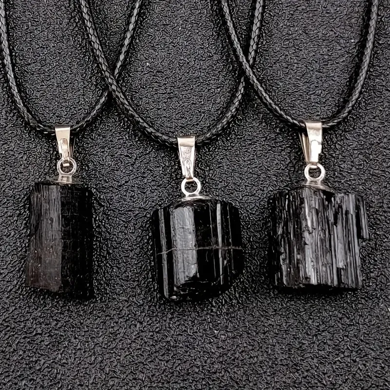 Women Vintage Natural Crystal Black Tourmaline Stone Pendant Necklace