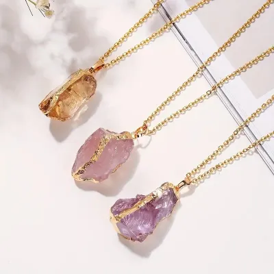 Women Fashion Natural Stone Irregular Stone Crystal Plated Gold Pendant Necklace