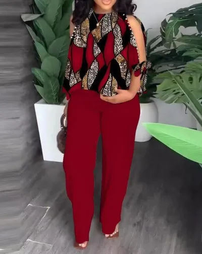 Summer Women Fashion Casual Printed Beaded Decorative Top Pants Two-Piece Set