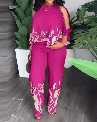 Summer Women Fashion Casual Printed Beaded Decorative Top Pants Two-Piece Set