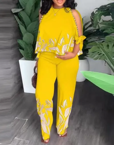 Summer Women Fashion Casual Printed Beaded Decorative Top Pants Two-Piece Set