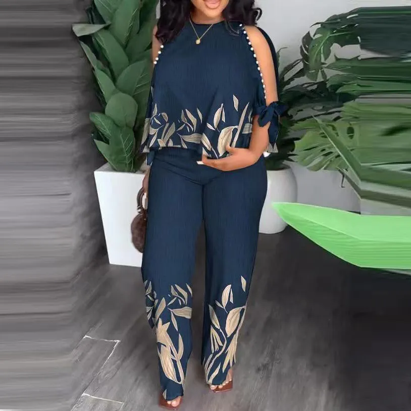 Summer Women Fashion Casual Printed Beaded Decorative Top Pants Two-Piece Set