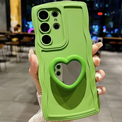 Women's Fashion Solid Color Wave Edge Heart-Shaped Mirror Holder Silicone Samsung Mobile Phone Case