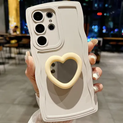 Women's Fashion Solid Color Wave Edge Heart-Shaped Mirror Holder Silicone Samsung Mobile Phone Case