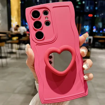 Women's Fashion Solid Color Wave Edge Heart-Shaped Mirror Holder Silicone Samsung Mobile Phone Case