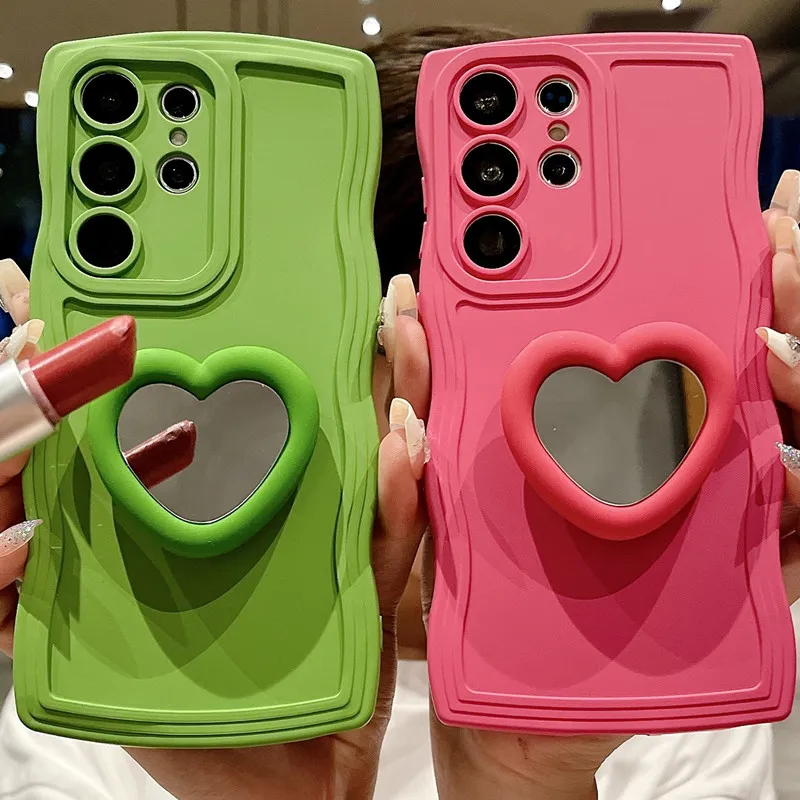 Women's Fashion Solid Color Wave Edge Heart-Shaped Mirror Holder Silicone Samsung Mobile Phone Case