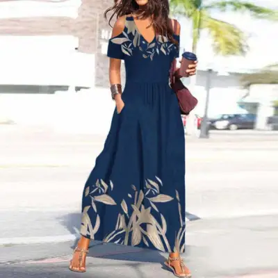 Women Casual Polka Dot Floral Printed Short Sleeve Maxi Dress