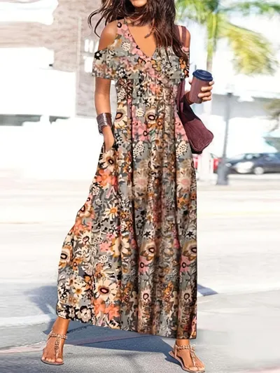 Women Casual Polka Dot Floral Printed Short Sleeve Maxi Dress