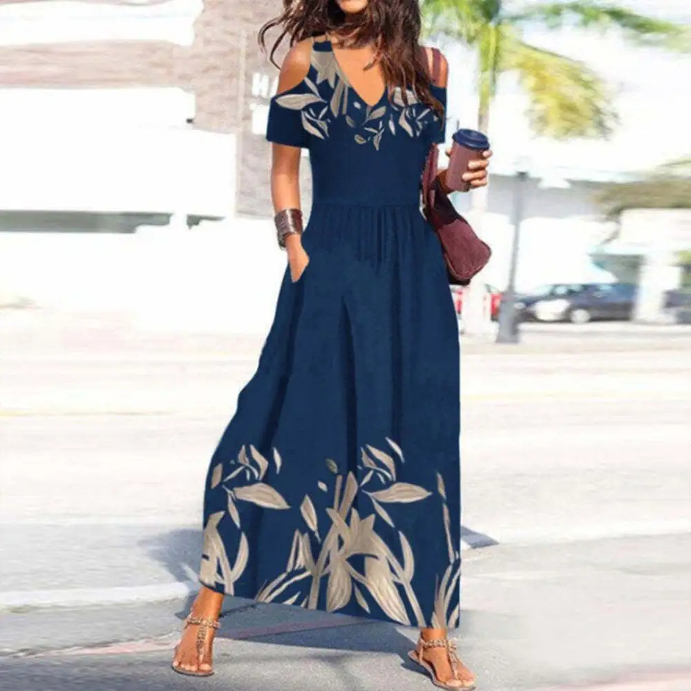 Women Casual Polka Dot Floral Printed Short Sleeve Maxi Dress
