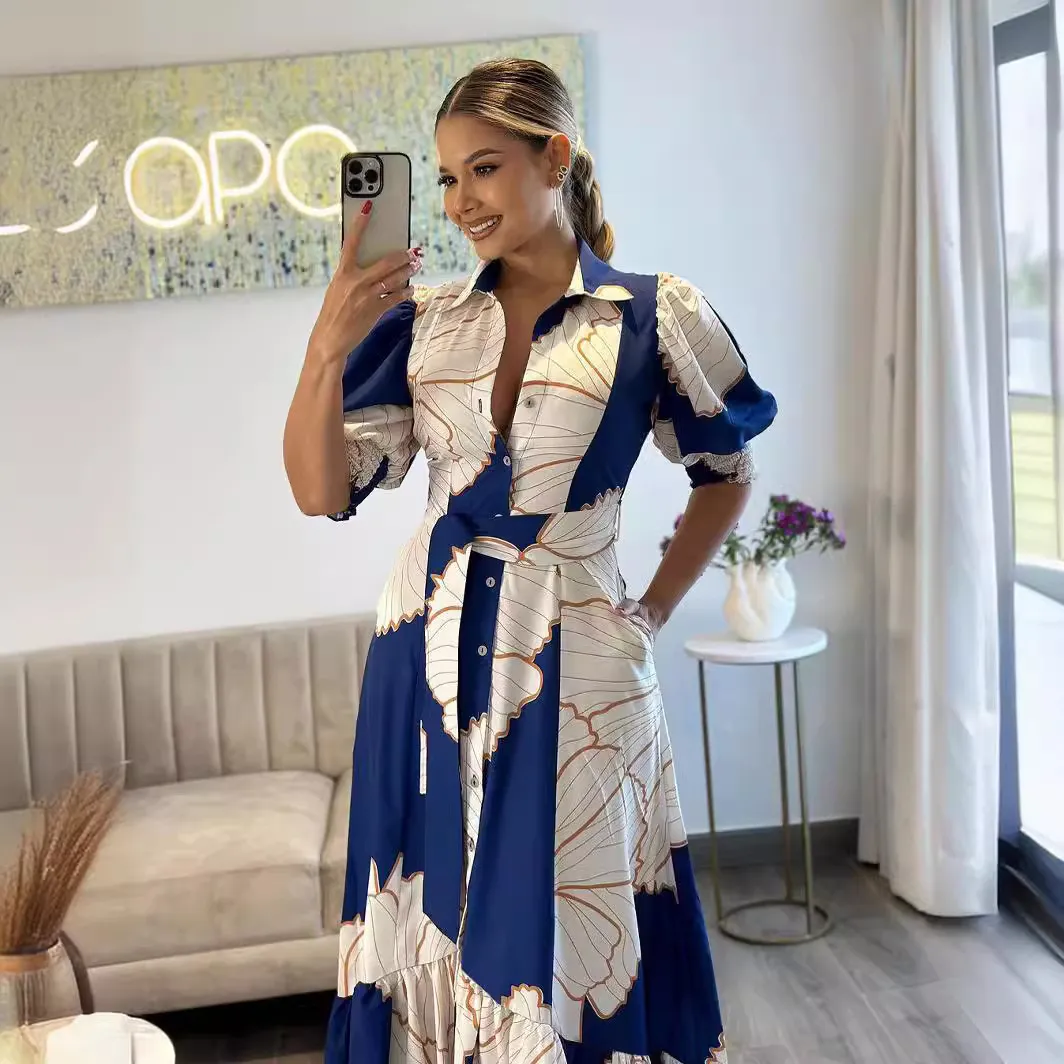 Summer Women Fashion Print Lapel Short Sleeve Irregular Maxi Dress