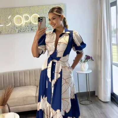 Summer Women Fashion Print Lapel Short Sleeve Irregular Maxi Dress