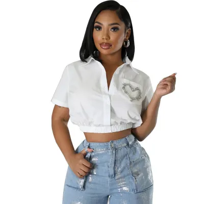 Summer Women Fashion Heart Shape Lapel Short Sleeve Shirt Crop Top